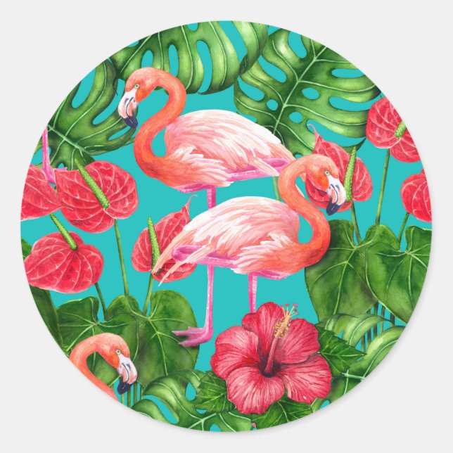 Flamingo birds and tropical garden watercolor classic round sticker (Front)