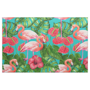 Flamingo birds and tropical garden watercolor fabric