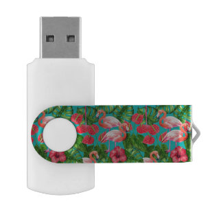 Flamingo birds and tropical garden watercolor flash drive