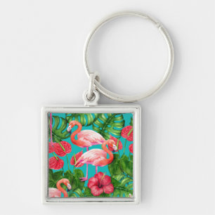 Flamingo birds and tropical garden watercolor keychain
