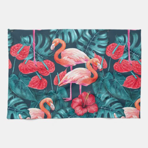 Flamingo birds and tropical garden watercolor kitchen towel