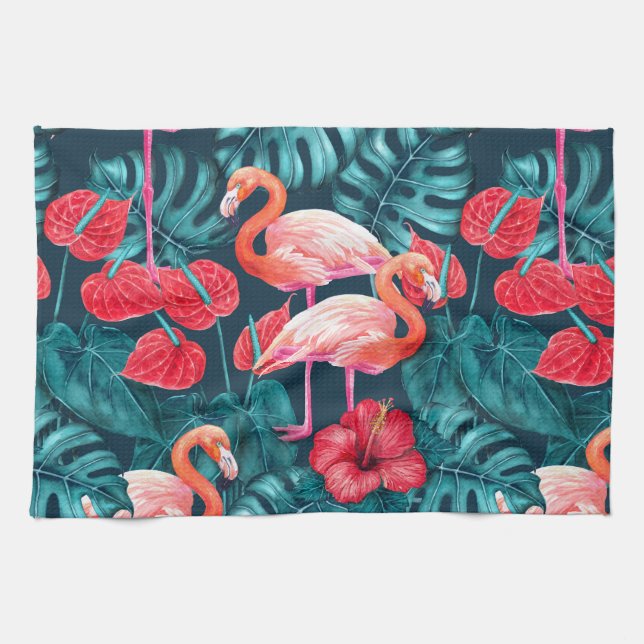 Flamingo birds and tropical garden watercolor kitchen towel (Horizontal)