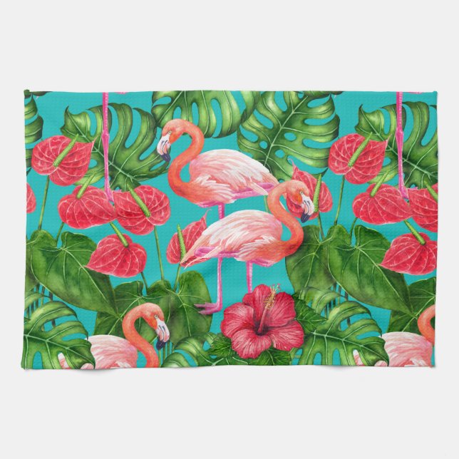 Flamingo birds and tropical garden watercolor kitchen towel (Horizontal)
