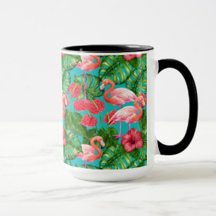 Flamingo birds and tropical garden watercolor mug