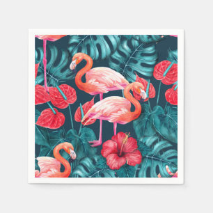 Flamingo birds and tropical garden watercolor napkins