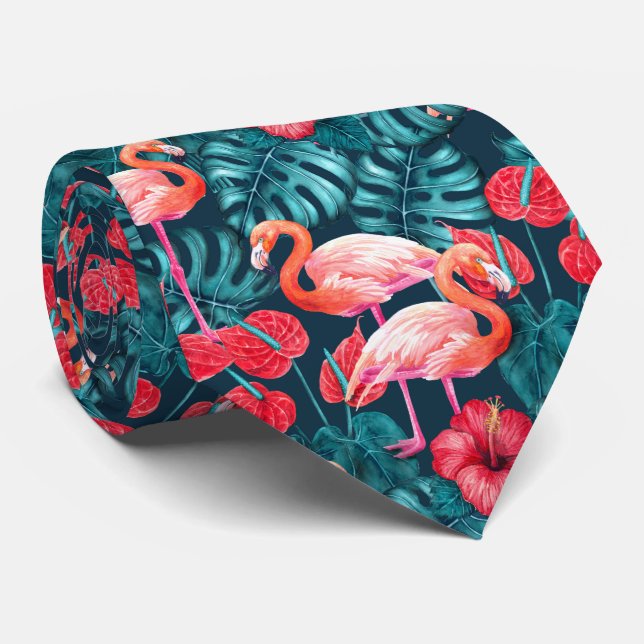 Flamingo birds and tropical garden watercolor neck tie (Rolled)