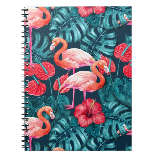 Flamingo birds and tropical garden watercolor notebook (Front)