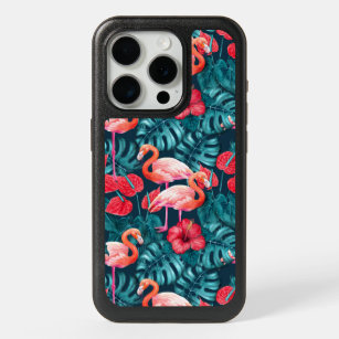 Flamingo birds and tropical garden watercolor iPhone 15 pro case