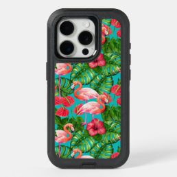Flamingo birds and tropical garden watercolor iPhone 15 pro case