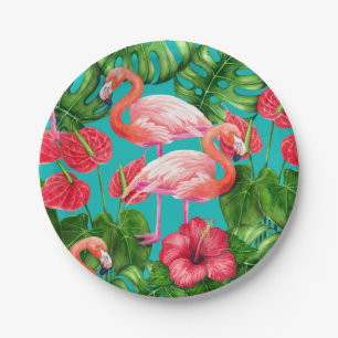 Flamingo birds and tropical garden watercolor paper plates
