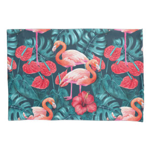 Flamingo birds and tropical garden watercolor pillow case