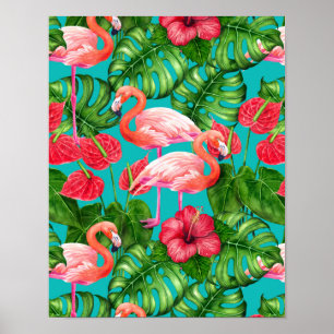 Flamingo birds and tropical garden watercolor poster