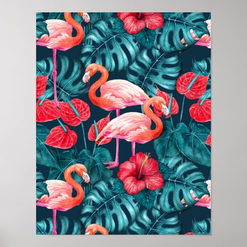 Flamingo birds and tropical garden watercolor poster