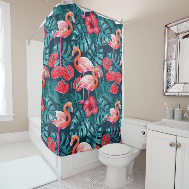Flamingo birds and tropical garden watercolor shower curtain (In Situ)