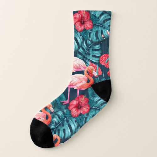 Flamingo birds and tropical garden watercolor socks