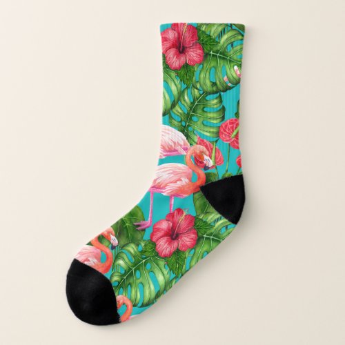 Flamingo birds and tropical garden watercolor socks