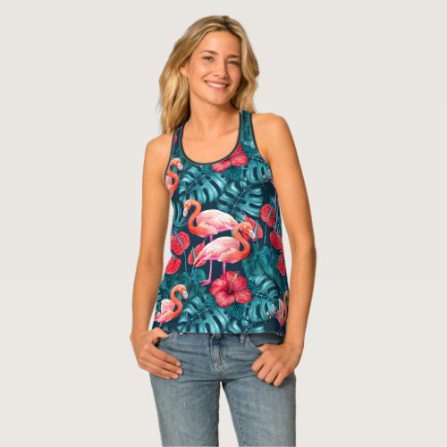 Flamingo birds and tropical garden watercolor tank top