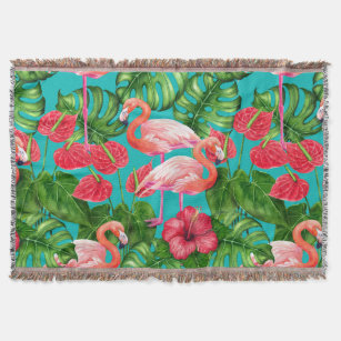 Flamingo birds and tropical garden watercolor throw blanket