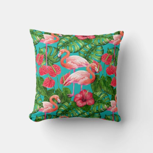 Flamingo birds and tropical garden watercolor throw pillow