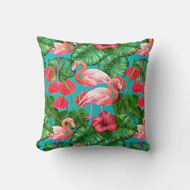 Flamingo birds and tropical garden watercolor throw pillow (Front)