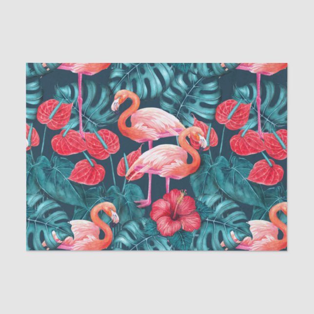 Flamingo birds and tropical garden watercolor tissue paper (Front)