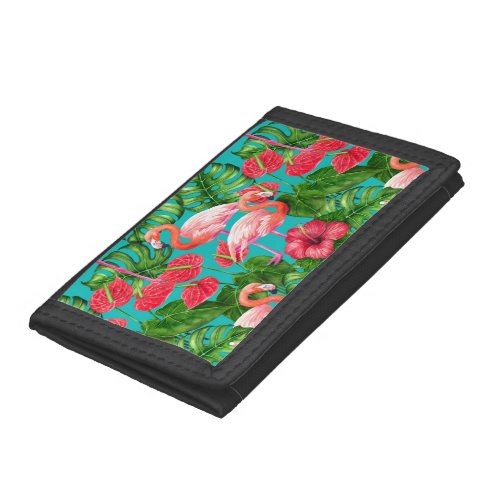 Flamingo birds and tropical garden watercolor trifold wallet