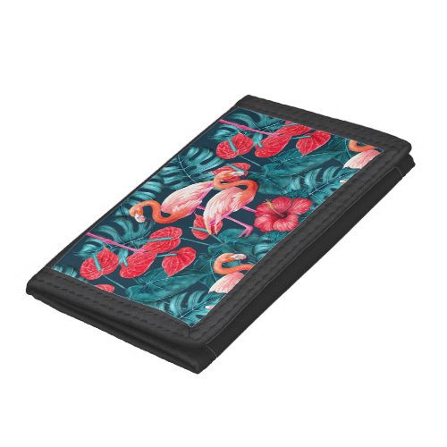 Flamingo birds and tropical garden watercolor trifold wallet