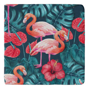 Flamingo birds and tropical garden watercolor trivet