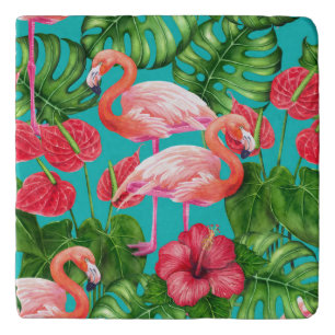 Flamingo birds and tropical garden watercolor trivet