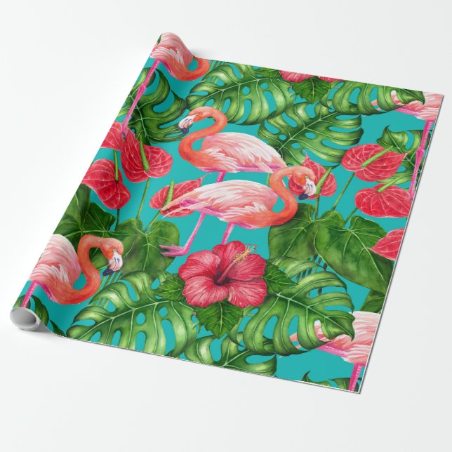 Flamingo birds and tropical garden watercolor wrapping paper (Unrolled)