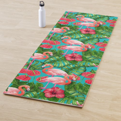 Flamingo birds and tropical garden watercolor yoga mat