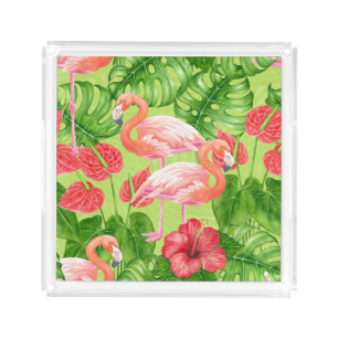Flamingo birds and tropical plants acrylic tray