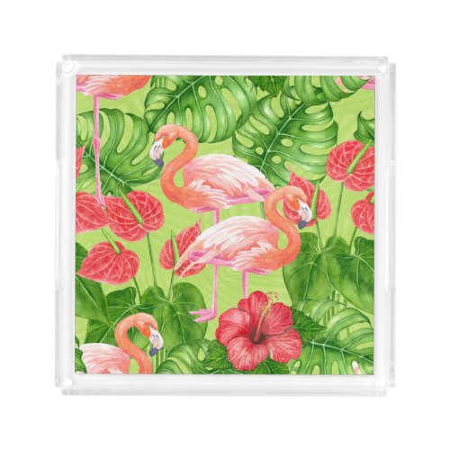 Flamingo birds and tropical plants acrylic tray