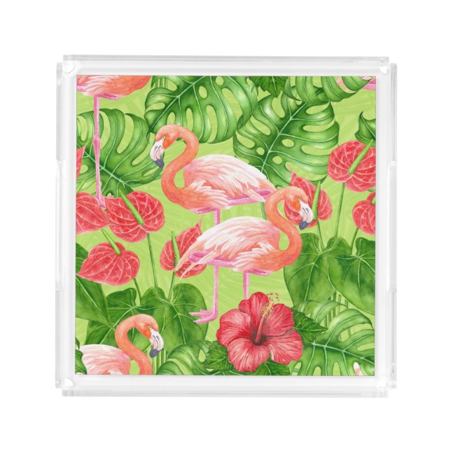 Flamingo birds and tropical plants acrylic tray (Front)