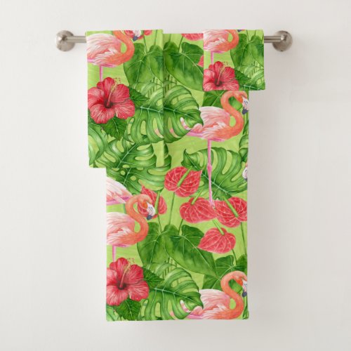 Flamingo birds and tropical plants bath towel set
