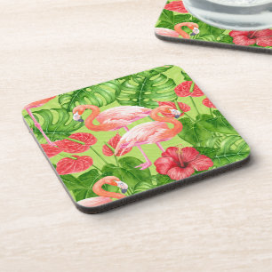 Flamingo birds and tropical plants beverage coaster