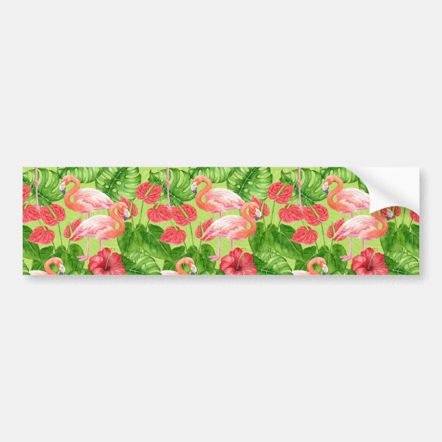 Flamingo birds and tropical plants bumper sticker (Front)