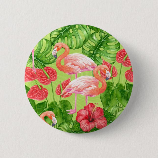 Flamingo birds and tropical plants button (Front)