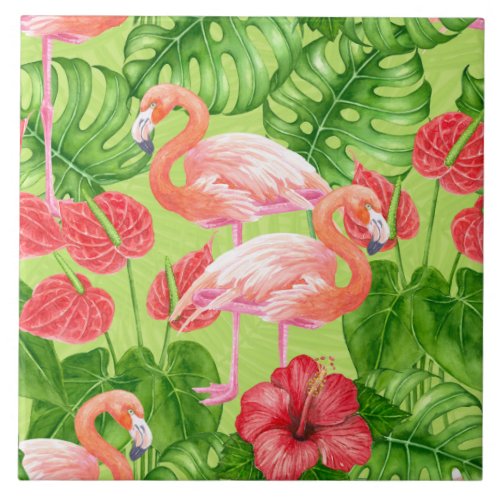 Flamingo birds and tropical plants ceramic tile