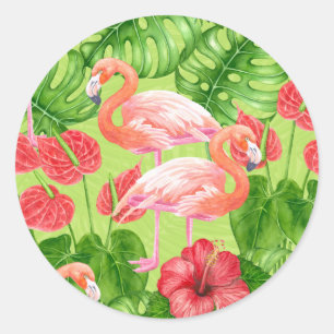 Flamingo birds and tropical plants classic round sticker