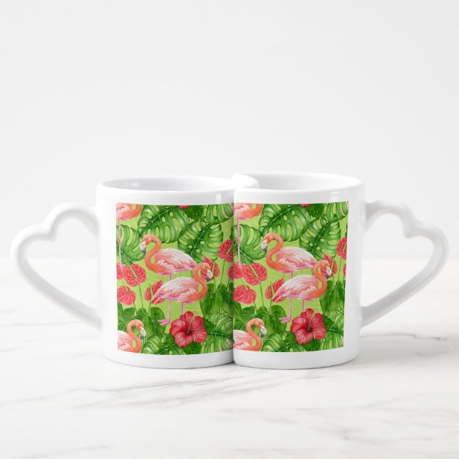 Flamingo birds and tropical plants coffee mug set (Front Nesting)