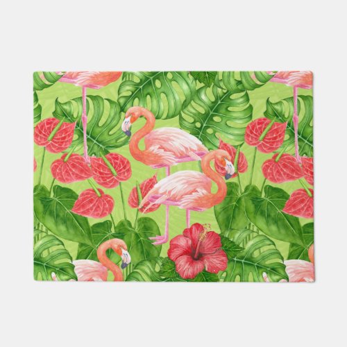 Flamingo birds and tropical plants doormat