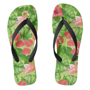 Flamingo birds and tropical plants flip flops