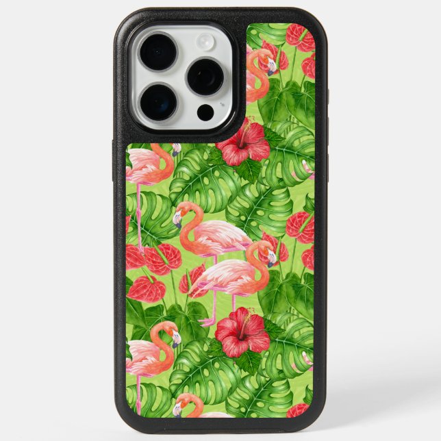 Flamingo birds and tropical plants iPhone 15 pro max case (Back)