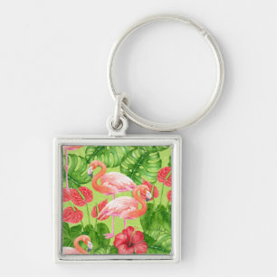 Flamingo birds and tropical plants keychain