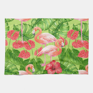 Flamingo birds and tropical plants kitchen towel