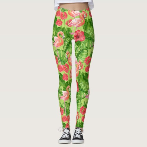 Flamingo birds and tropical plants leggings