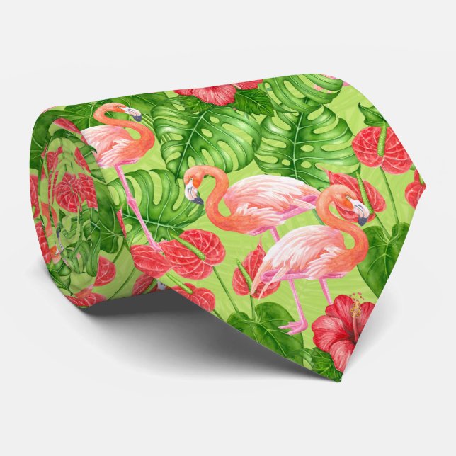 Flamingo birds and tropical plants neck tie (Rolled)