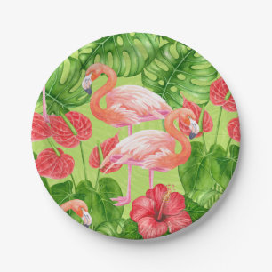 Flamingo birds and tropical plants paper plates