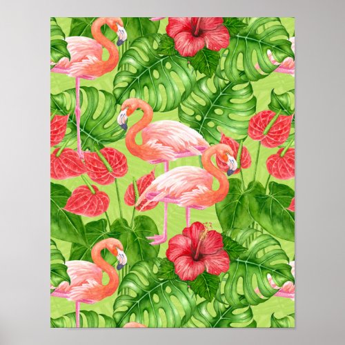 Flamingo birds and tropical plants poster